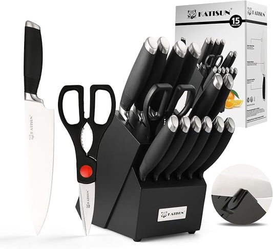 15-Piece Knife Set, German Steel, Durable and Dishwasher Safe, Ergonomic Handle Knife Block set with Built-in Sharpener for Chopping, Slicing, Dicing&Cutting Black