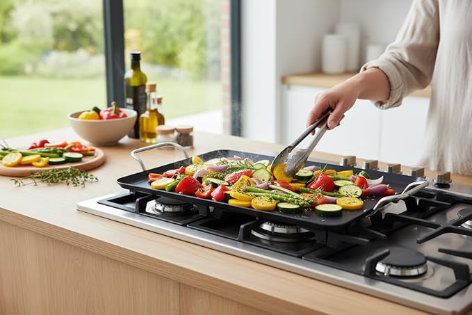 Nonstick Double Burner Griddle Pan for Stovetop - Heavy Gauge Aluminum Flat Grill for Even Heating, Extra Large 2-Burner Stovetop Griddle for Gas & Electric, Indoor/Outdoor Cookware