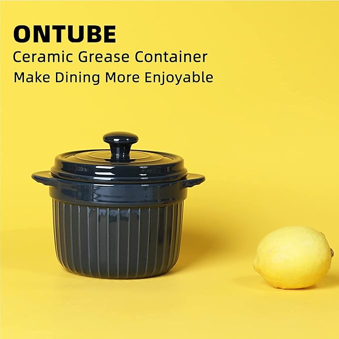 ONTUBE Ceramic Bacon Grease Container Keeper with Strainer, Frying Oil Storage Can, Navy