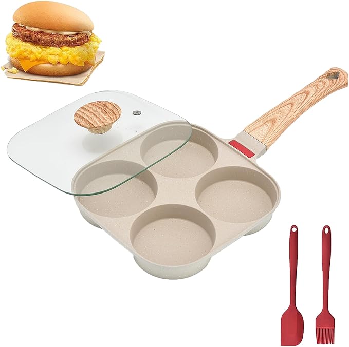MIHUNTER Fried Egg Pan, Egg Frying Pan with Lid Nonstick 4 Cups Pancake Pan Aluminium Alloy Cooker for Breakfast(White)