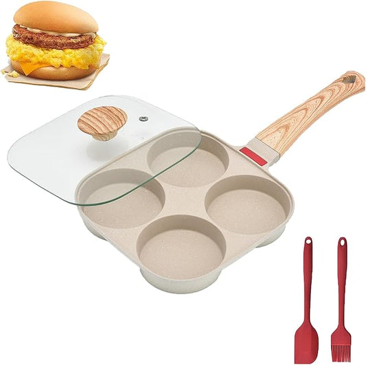 MIHUNTER Fried Egg Pan, Egg Frying Pan with Lid Nonstick 4 Cups Pancake Pan Aluminium Alloy Cooker for Breakfast(White)