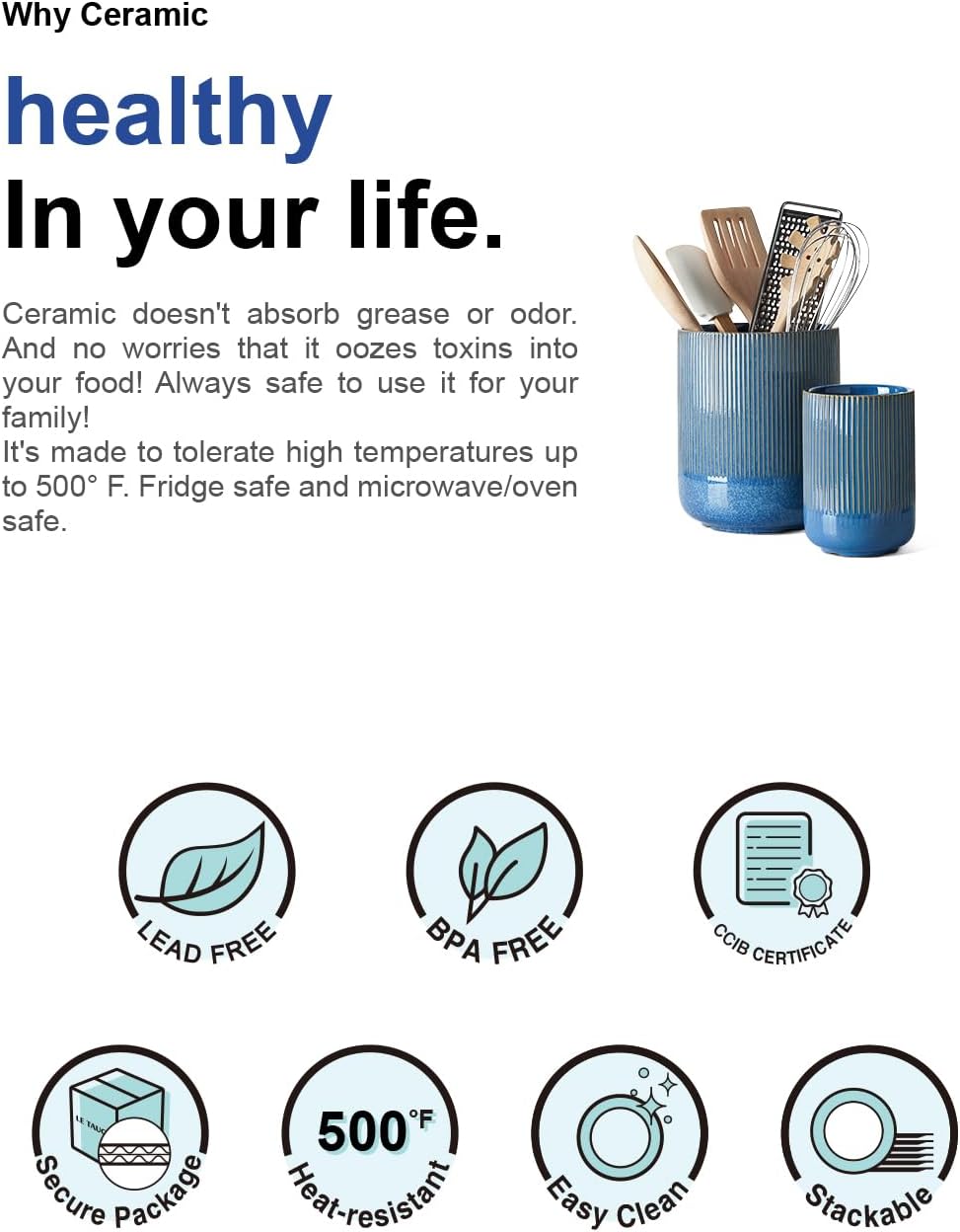 LE TAUCI Utensil Holder for Kitchen Counter, 7.3"+5.4" Fluted Ceramic Utensil Crock Organizer for Countertop, Heavy Large Holder for Spatulas, Spoons, Set of 2, Blue Marble