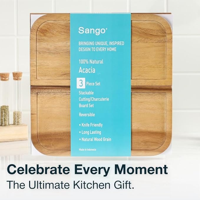 Sango Acacia Cutting Board Set with Juice Grooves and Partitions for Serving, 3-Piece- Wood Chopping Boards, Stackable & Reversible for Kitchen, Non-Toxic, Perfect as Butcher Block Countertop, Atelier