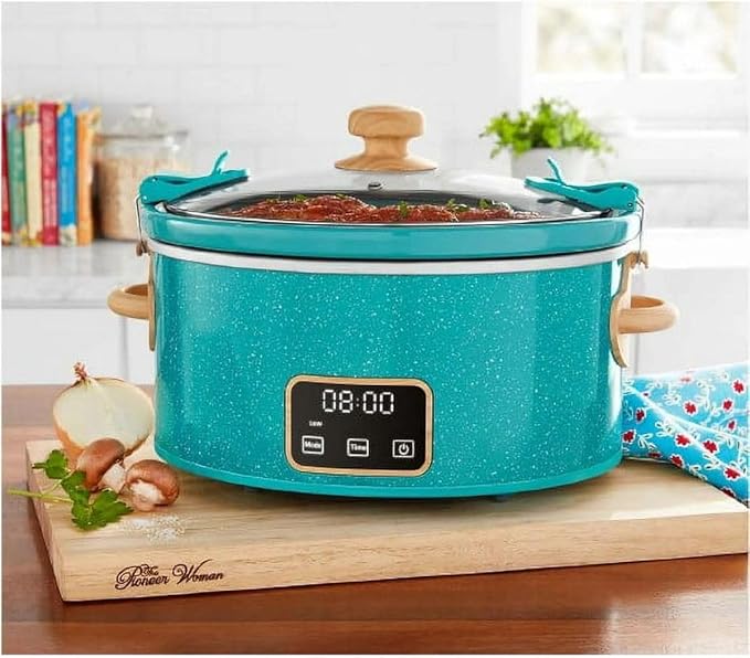 Pioneer Woman 6-Quart Programmable Digital Slow Cooker with Locking Lid – Portable Design & Dishwasher Safe (Teal)