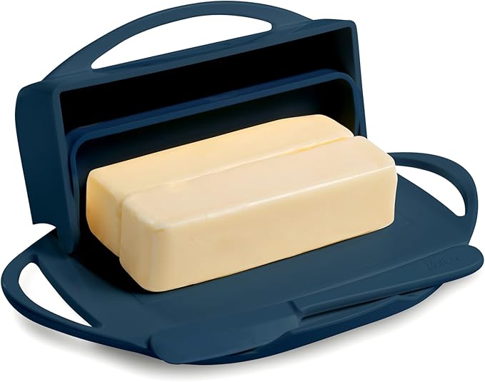Butterie Flip-Top Butter Dish with Lid & Matching Knife, Holds 2 Sticks/European Butter, No-Mess Butter Holder, Shatterproof, Dishwasher Safe, Navy
