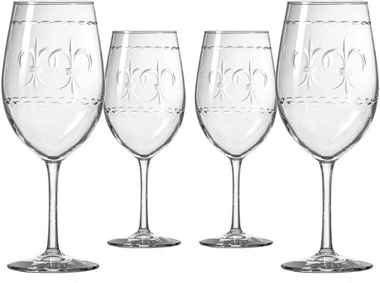Rolf Glass Fleur De Lis All Purpose Wine Glass 18 Ounce | Set of 4 Large Wine Glasses | Lead-Free Crystal Glass | Engraved Large Wine Glasses | Made in the USA