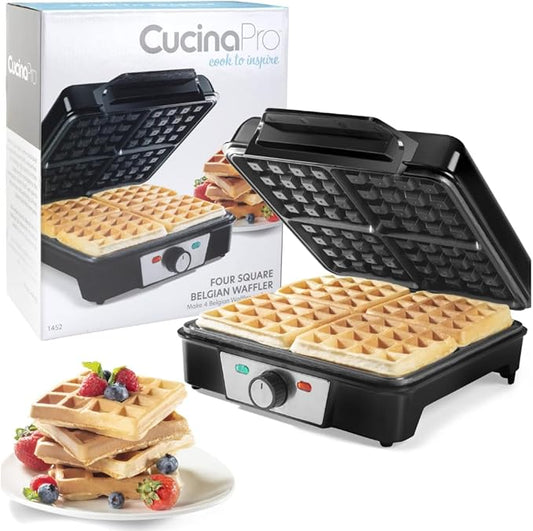 CucinaPro Four Square Belgian Waffle Maker, Extra Large Stainless Steel Kitchen Appliance w Nonstick Waffler Iron Plates- Make 4 Fluffy Waffles, Griddle for Family Morning Breakfast with Recipe Guide