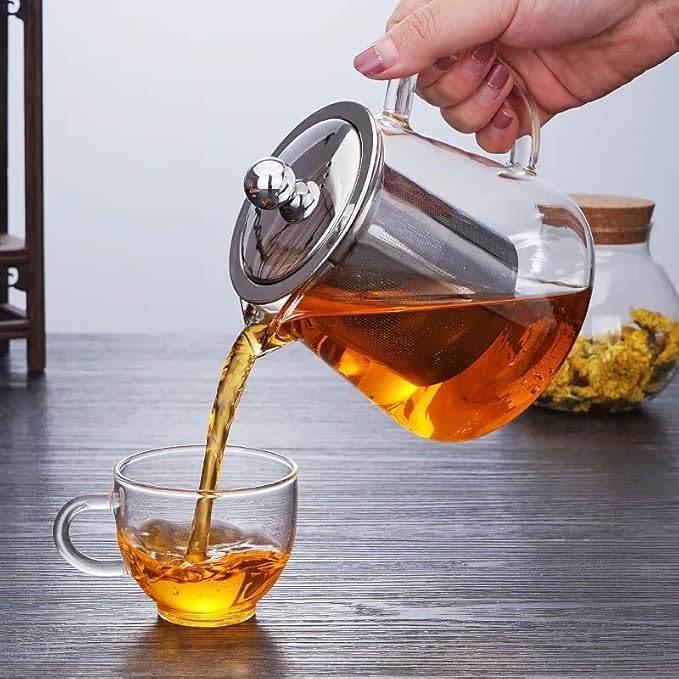 Glass Kettle Teapot for Gas Stove – Borosilicate Tea Pot with Stainless Steel Infuser, Heat-Resistant & Stovetop Safe, Loose Leaf & Blooming Tea – Set with 4-150ml Cups (750ML + 4Cup)