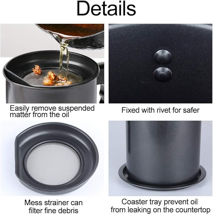 Ourokhome Bacon Grease Container with Strainer- 1.6 L or 6.7 Cup Iron Kitchen Oil Storage Can with Fine Mesh Strainer for Storing Hot Frying Oil, Fat (Black)