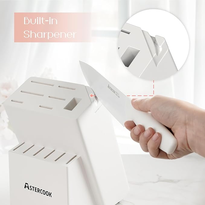 Astercook Knife Set for Kitchen 15 Piece with Block and Sharpener Kitchen Knives with Ceramic Coating Sharp Blade Dishwasher Safe Deba Knives with Anti-slip Ergonomic Handle, Elegant White