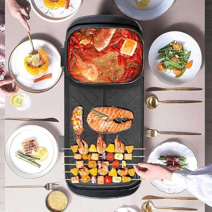 Electric 2 in 1 Grill with Shabu Shabu Hot Pot. Multifunctional Indoor Teppanyaki Korean BBQ Capacity for 2-10 People