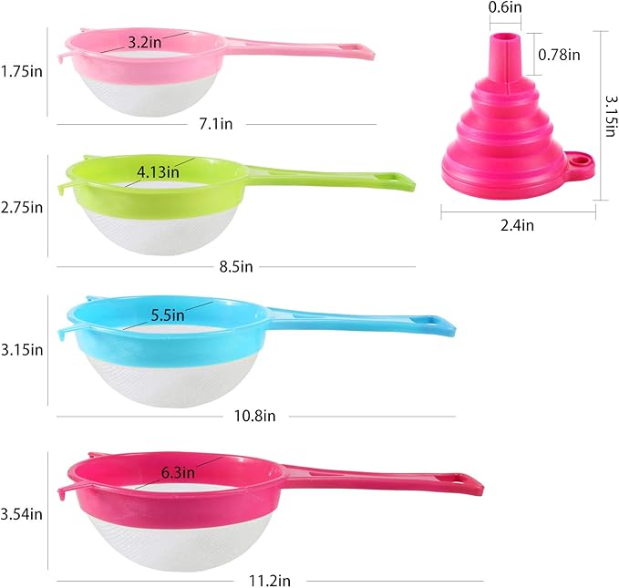 BENBO 4Pcs Plastic Mesh Strainer Colander Set, Food Soy Milk Flour Sieve Long Handle Icing Sugar Sifters Fine Strainer Tea Filter and 2 Pcs Silicone Foldable Funnel for Kitchen