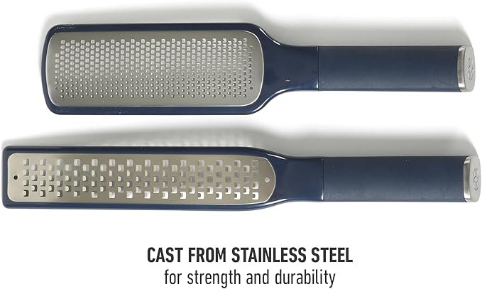 Calphalon Edge 2 Piece Stainless Steel Handheld Cheese Grater and Lemon Zester W/Covers & Rubber Handles - Navy Blue