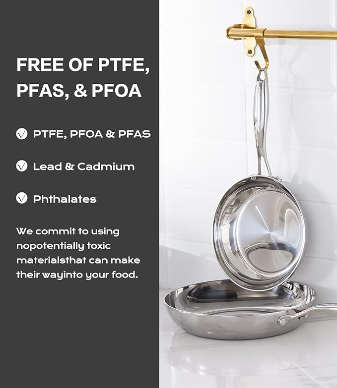 USELUCK Stainless Steel 8 Inch Frying Pan, Tri-ply Clad Base Non-toxic Skillets with Stainless Steel Lid, Fast and Even Heating Stay Cool Handles Induction Dishwasher & Oven Safe PFOA Free Cookware