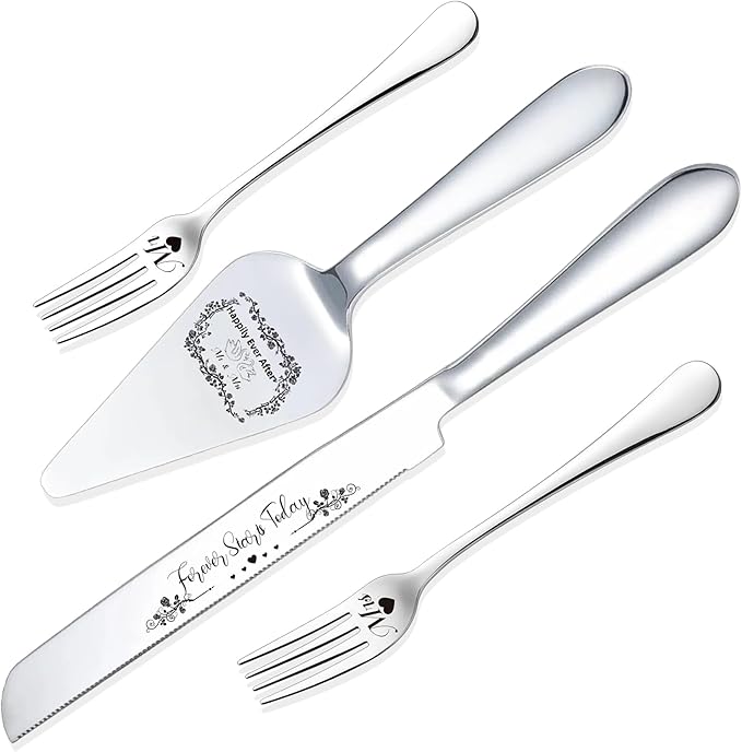 4 Pieces Wedding Cake Cutting Set Knife and Forks Set Wedding Cake Knife and Server Set Sliver Forks Engraved Mr. and Mrs.for Engagements, Anniversaries, Bride and Groom (Silver MR&MRS)
