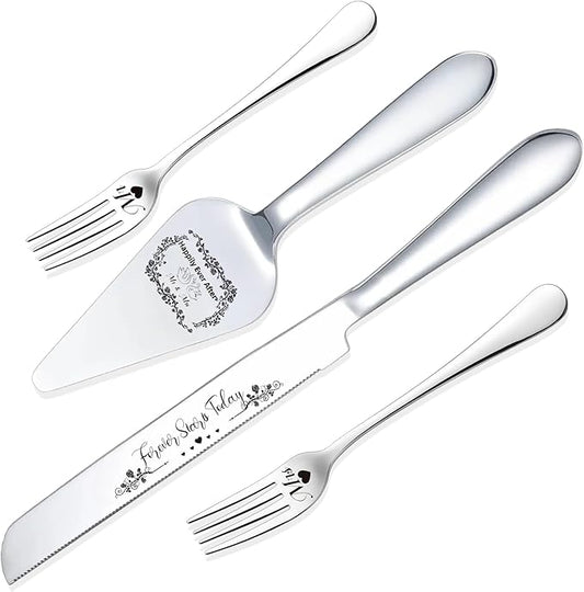 4 Pieces Wedding Cake Cutting Set Knife and Forks Set Wedding Cake Knife and Server Set Sliver Forks Engraved Mr. and Mrs.for Engagements, Anniversaries, Bride and Groom (Silver MR&MRS)