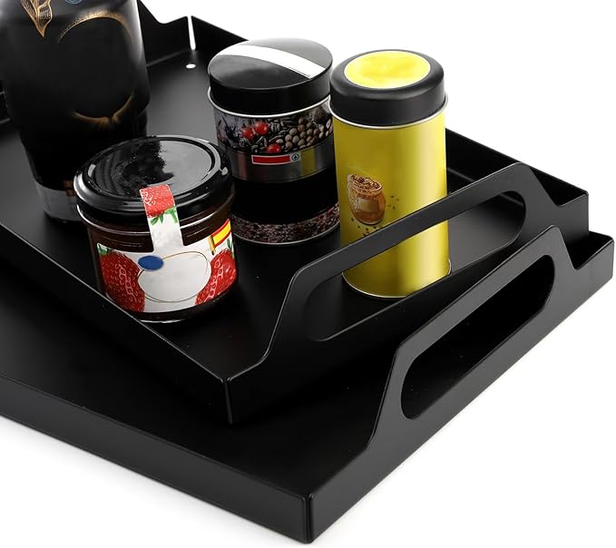Peohud 2 Pack Black Metal Serving Tray, Decorative Coffee Table Tray with Handles, Vanity Platter Breakfast Tray for Eating, Storing, Bedroom, Kitchen, Living Room, Bathroom