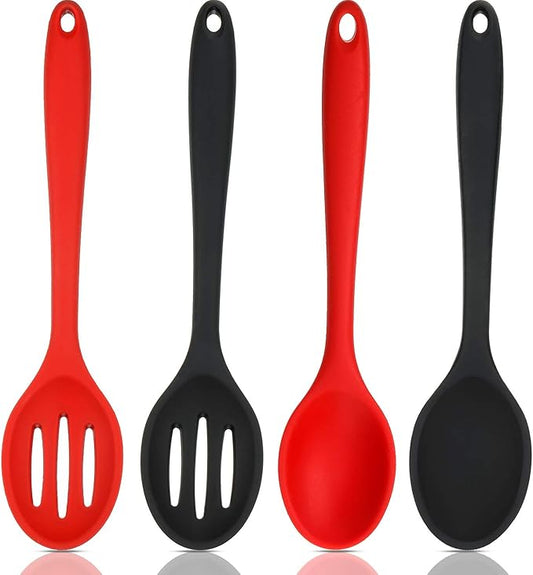 Boao 4 Pcs Silicone Spoons for Cooking 10.6 Inch Large Nonstick Serving Spoons Heat Resistant Slotted Spoon for Mixing & Stirring Kitchen Cooking Utensils, Dishwasher Safe(Red, Black)