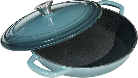 Flavehc Braiser Enameled Cast Iron Braiser 2.25 qt Braiser Pan with Lid Slateblue Shallow Cast Iron Casserole Braiser Pan with Handels