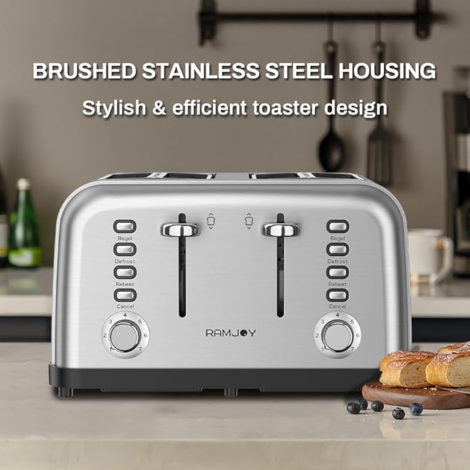 RAMJOY Toaster 4 Slice, Dual Independent Controls, Extra Wide Slot Toasters for Bagel, Bread, Waffles, 7 Shade Settings, 4 Main Functions, Removable Crumb Tray, 1500 Watts, Brushed Stainless Steel