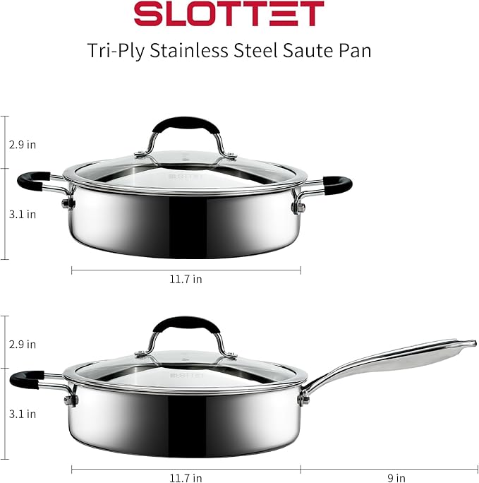 SLOTTET Tri-Ply Stainless Steel Saute Pan with Steamer, 5 Quart Deep Sauté Pan with Lid,11.5 Inch Frying Pan,Dishwasher and Oven Safe,Induction Stainless Steel Cookware