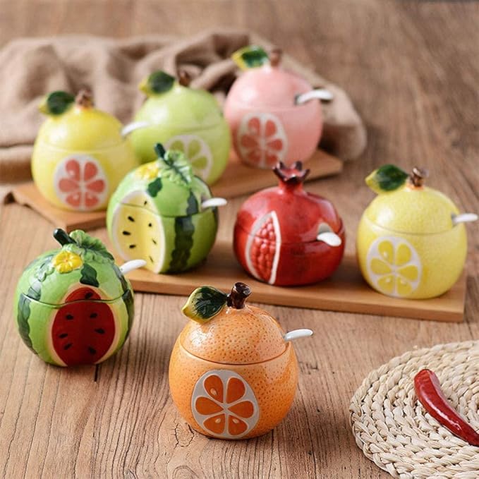 Ceramics Fruit Shaped Sugar Bowl Salt Pot Pepper Storage Jar with Lid and Spoon Seasoning Box Condiment Pots (Watermelon)