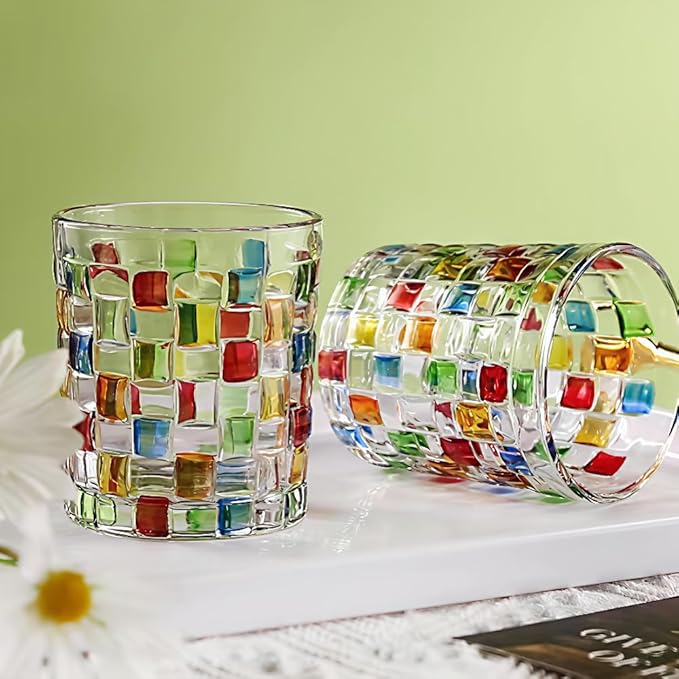 Set of 6 or 5 Hand-painted Colorful Glass Tumblers, Drinking Glassware, Cocktail Glasses for Iced Coffee Juice Tea Beverage Milk Wine With Artistic Design