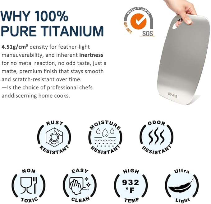 Beviss 100% Pure Titanium Cutting Board 11.45" x 8.15"- BPA Free, Non-Porous & Durable Kitchen Chopping Board for Meat, Vegetables, Fruits