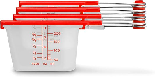Dreamfarm Levups Self-Levelling Measuring Cup Set, Metric & Imperial Measurements up to 1 Cup - Pack of 4, Red