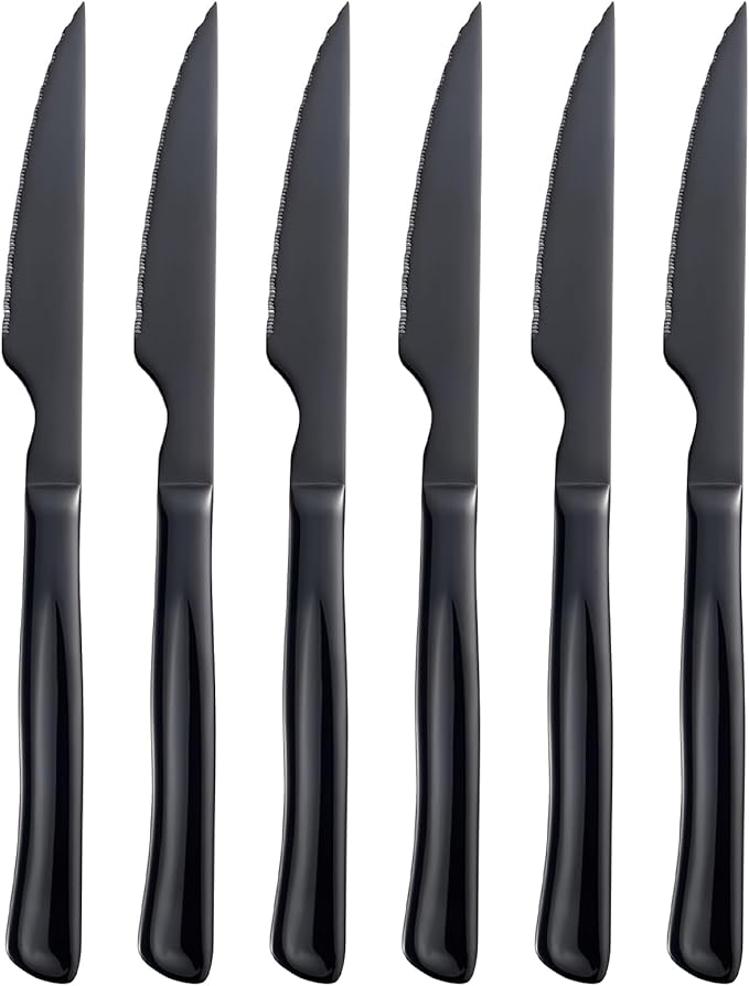 Black Steak Knife Set, 6 Piece Stainless Steel Kitchen Knife Set & Kitchen Utility Knives, 8.7 Inch Serrated Steak Knives, Dinner Knives, Sharp Knife with Ergonomic Handles