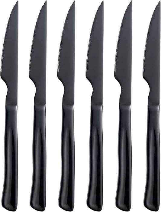 Black Steak Knife Set, 6 Piece Stainless Steel Kitchen Knife Set & Kitchen Utility Knives, 8.7 Inch Serrated Steak Knives, Dinner Knives, Sharp Knife with Ergonomic Handles