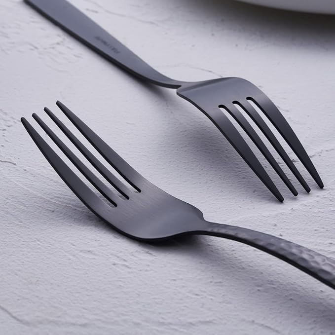 Matte Black Dinner Fork Set of 6, 8.0 inches Stainless Steel Black Silverware, Metal Hammered, Satin Finish