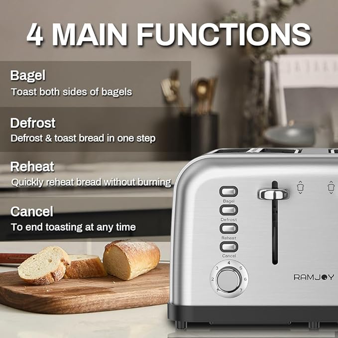RAMJOY Toaster 4 Slice, Dual Independent Controls, Extra Wide Slot Toasters for Bagel, Bread, Waffles, 7 Shade Settings, 4 Main Functions, Removable Crumb Tray, 1500 Watts, Brushed Stainless Steel