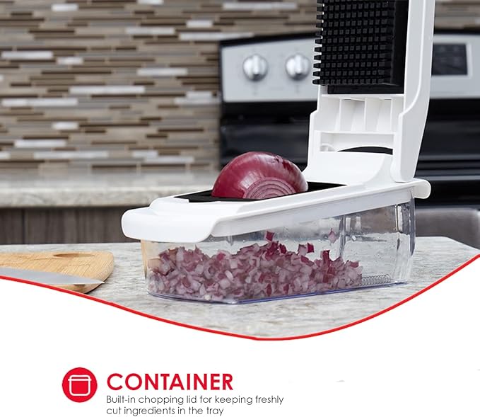 Home Basics Mandoline Slicer with Storage, White | 4 Blades for Grating, Cutting, Peeling and Julienne Slicing | Built In Chopping Lid | Easy to Wash | Makes Meal Prep Easy