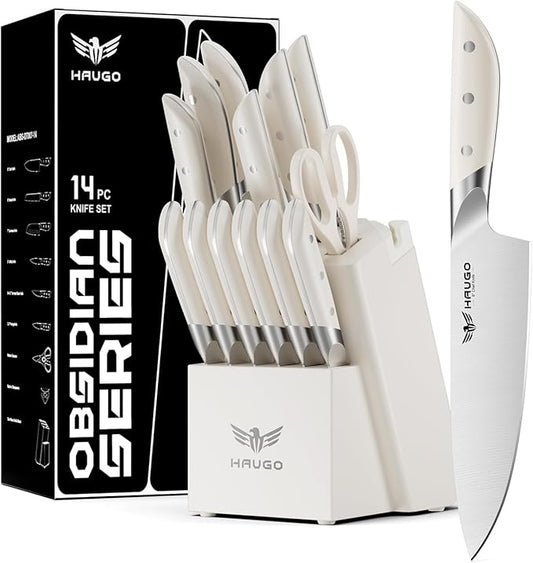 Kitchen Knife Set - Haugo 14 PCS Cream White Knife Set with Block and Sharpener - German Stainless Steel - Full Tang Knife Block Set and Ergonomic Handle - Obsidian Series