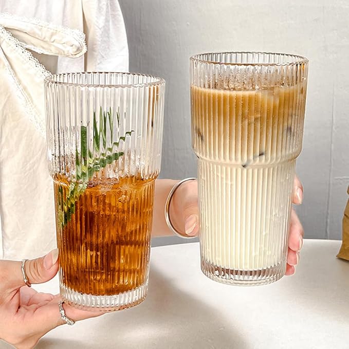 TUZAZO 20 Oz Glass Tumblers with Lids and Straws - 4 Pack Ribbed Glass Iced Coffee Cup with Straw and Lid, Thicken Glasses, Ideal for Smoothieds, Cocktails, and Juices