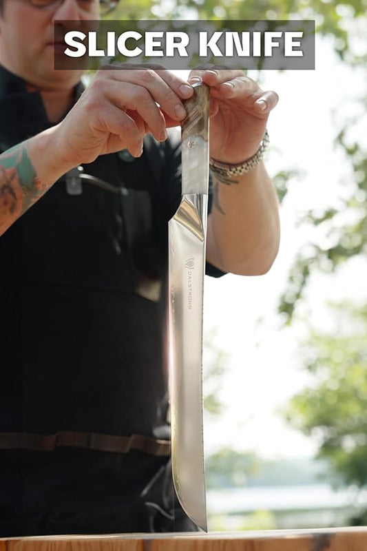 Dalstrong 12 inch Slicer - Valhalla Series - 9CR18MOV HC Steel - White Resin & Wood Handle - Razor Sharp Carving & BBQ Knife - w/Leather