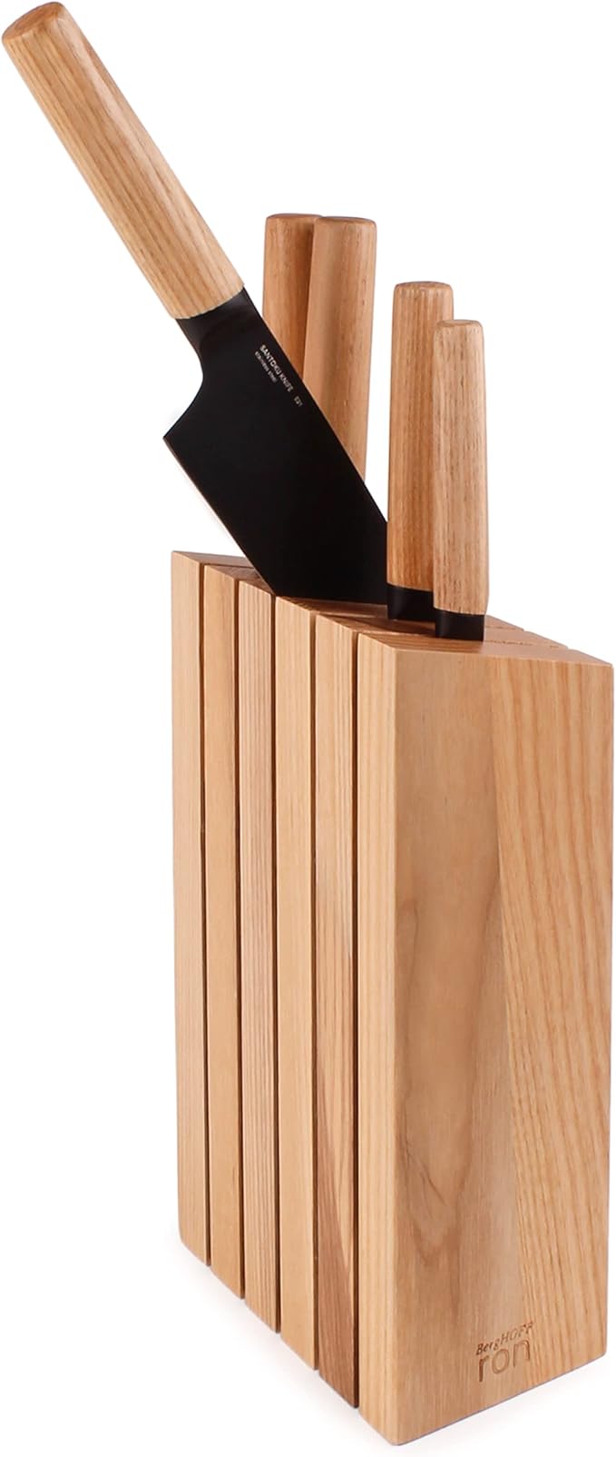 BergHOFF RON 5Pc Non-stick Knife Set With Wood Block Titanium PVD Coating Sharp & Well Balanced Seamless Transition Ash Wood Handle Anti-skid Base