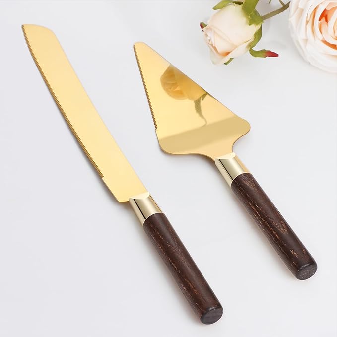TUKDAK Gold Cake Cutting Set for Wedding, Wood Cake Knife and Server Set, Vintage 2-Piece Pie Cutter Set, Serrated Pizza Dessert Utensils, Bridal Birthday Quinceañera Gift (Walnut color)