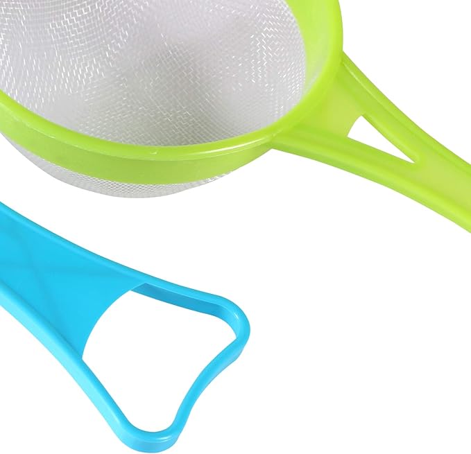 BENBO 4Pcs Plastic Mesh Strainer Colander Set, Food Soy Milk Flour Sieve Long Handle Icing Sugar Sifters Fine Strainer Tea Filter and 2 Pcs Silicone Foldable Funnel for Kitchen