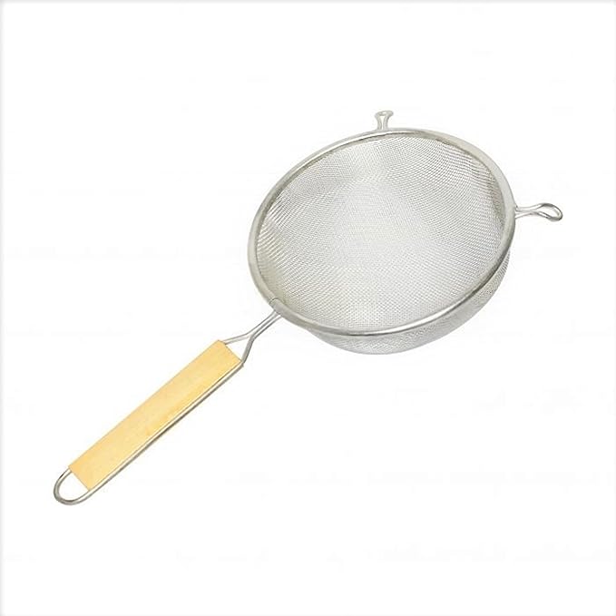 TrueCraftware- 8-Inch Single Fine Mesh Strainer Stainless Steel 6-1/2" Handle Length Wooden Handle- Kitchen Utensil Food Strainer Skimmer Spoon for Cooking Sieve Sifters Rice Pasta Fruits Vegetable