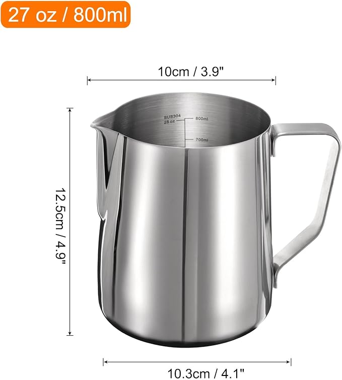 uxcell Milk Frothing Pitcher, 31oz / 900ml Stainless Steel Milk Frother Cup with Scale for Milk Steaming Pitcher Latte Art Cappuccino Coffee Espresso Accessories Tool, Silver Tone