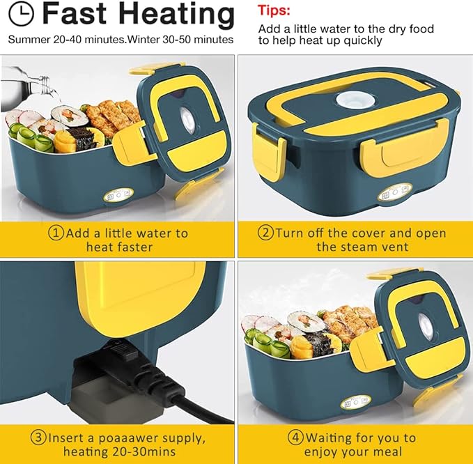 [ 2025 Upgrade]Electric Lunch Box 1.5L Food Heater, Portable 60W Food Warmer for Car and Home, with Detachable 304 Stainless Steel Container Fork and Spoon