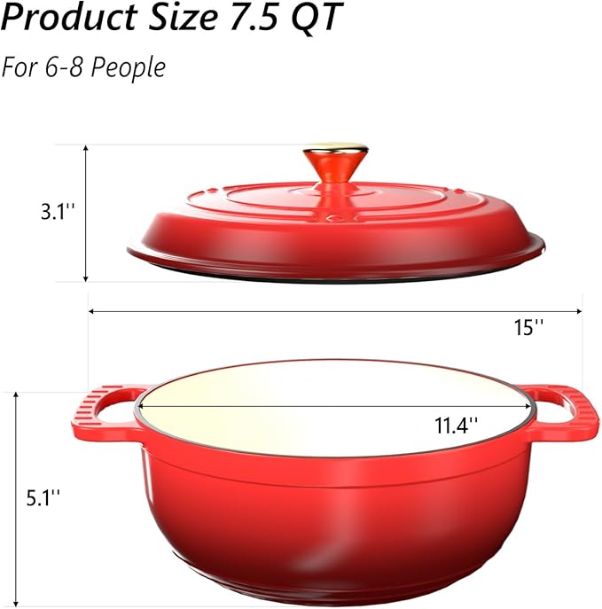 VINGLI 7.5QT Enameled Cast Iron Round Dutch Oven Pot with Lid, NonStick Casserole Pot with Dual Handles & Silicone GlovesRed, Oven Safe up to 500°F or on Stovetop, Dutch Oven for Bread Baking, Red