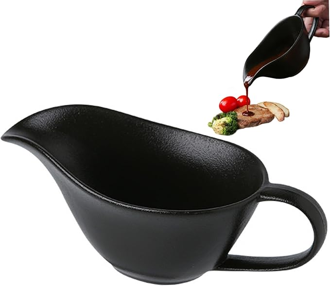 Gravy Container, Gravy Boat 200ml Ceramics Pourer with Spout and Handle Sauce Cup for Home Hotel Restaurant Black, Bowl