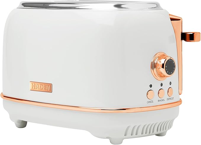 Haden Heritage 2-Slice Wide-Slot Toaster, Stainless-Steel Bread Toaster with Adjustable Browning Control, Crumb Tray & Non-Slip Feet, Ivory & Copper