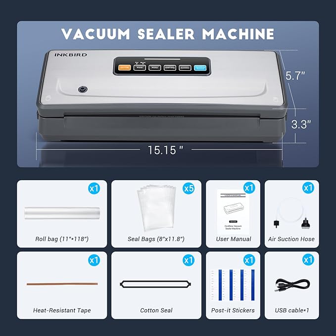 INKBIRD Rechargeable Cordless Vacuum Sealer Machine with 20Ft Bag Storage and Cutter, 5 Food Modes with Starter Kits, Portable & Airtight Vacuum Food Sealer for Camping Fishing Picnic