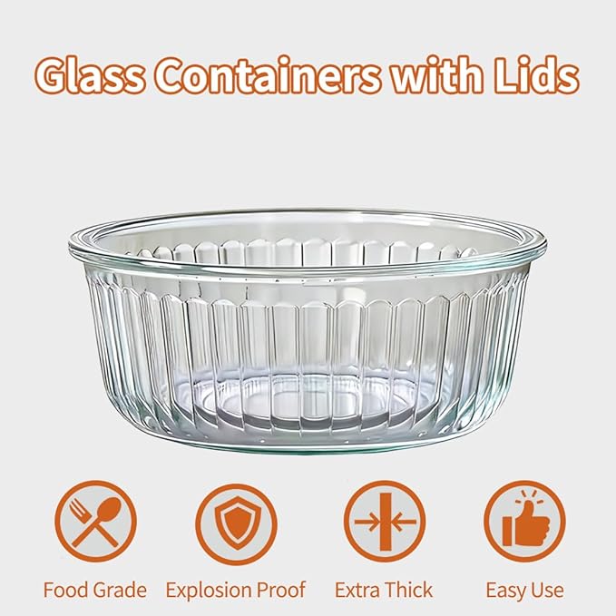 Small Round Glass Food Storage Containers with Lids, 1.5 Cup Round Food Containers set BPA-Free, 12oz Glass Lunch Bowls for Soup Leftover, Microwave, Dishwasher and Freezer Safe (4pack)