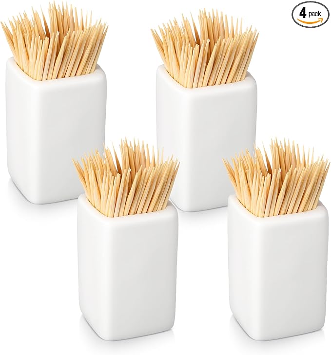 Mimorou 4 Pcs White Ceramic Toothpick Holder Simple Ceramic Toothpick Dispenser Container for Home Kitchen Charcuterie Board, Easy to Clean