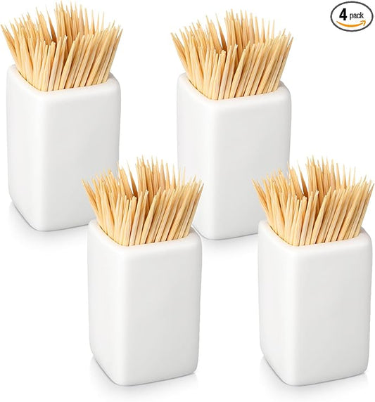 Mimorou 4 Pcs White Ceramic Toothpick Holder Simple Ceramic Toothpick Dispenser Container for Home Kitchen Charcuterie Board, Easy to Clean
